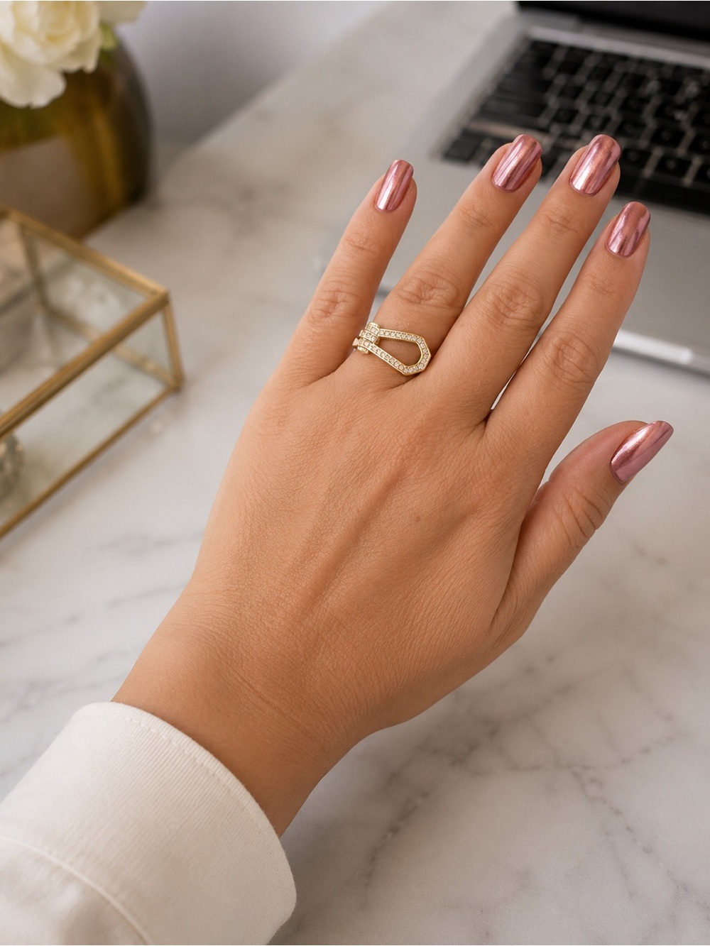 Gold Pavé Horseshoe (marine buckle) Ring with triple CZ'S-ADJUSTABLE